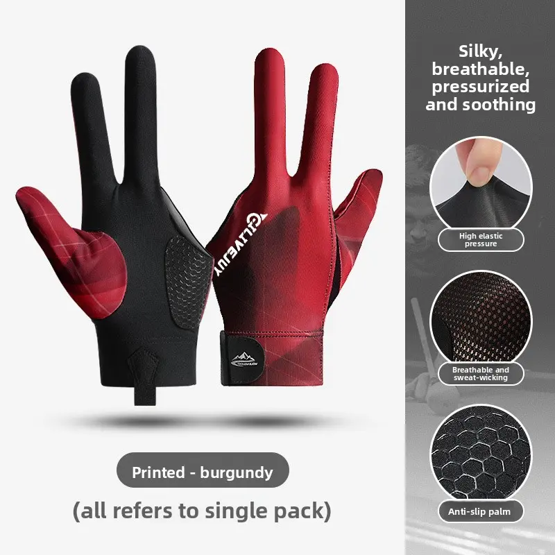 Professional 3-Finger Billiard Glove for Cues, Stretchable Silk-Feel Fabric with Wine-Red Print, Breathable Anti-Skid Palm, Billiard Accessories for Youth Daily Pool Practice