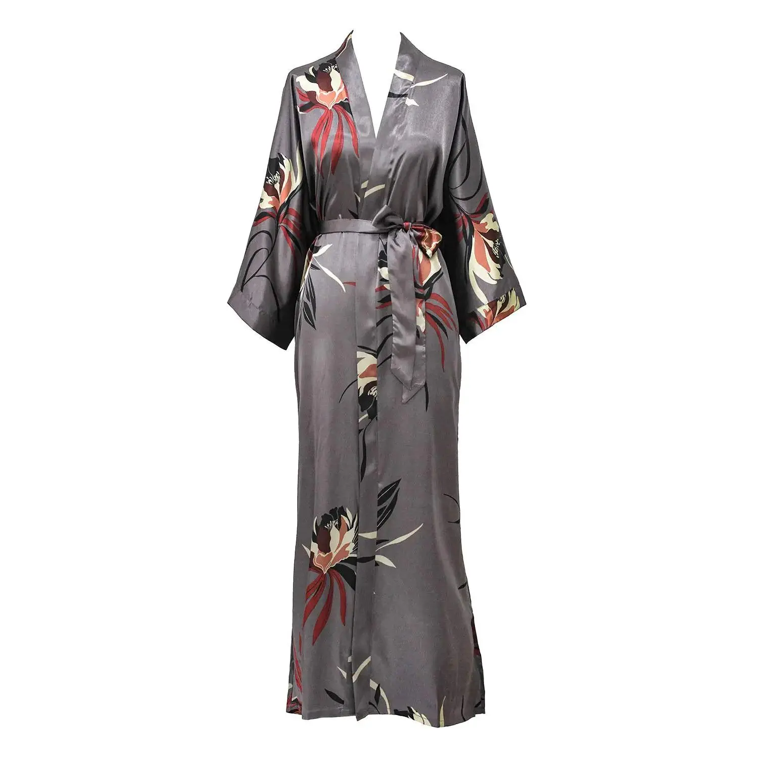 KIM+ONO Satin Kimono Robe Long - Hana - Gunmetal (Grey)