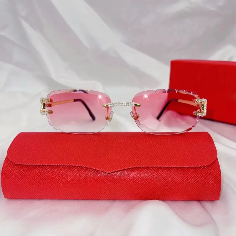 New Cut Clear Gradient Pink Lens Sunglasses square Rimless Sunglasses High Quality Unisex Diamonds Shiny Sun Glasses Rhinestones Sunglasses