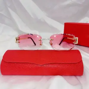 New Cut Clear Gradient Pink Lens Sunglasses square Rimless Sunglasses High Quality Unisex Diamonds Shiny Sun Glasses Rhinestones Sunglasses