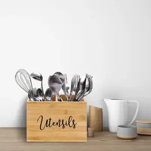 Wooden Utensil Holder for Kitchen Countertop, Utensil Caddy with 2 Compartments, Kitchen Utensil Organizer for Kitchen Counter, Utensil Crock for Gathering, Picnic, Party, Teak Nonstick Cooking Set kitchen utensil holder ideal organizer holiday haul