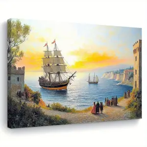 1 Piece of Spectacular Ship at Sunset Canvas Art - Sailboat and Figure Seascapes, Pine Wood Frame, 11.8x 15.7inch - Elegant Living Room, Bedroom, Kitchen Decoration, Perfect Gift for Maritime Enthusiasts, Nautical Decor