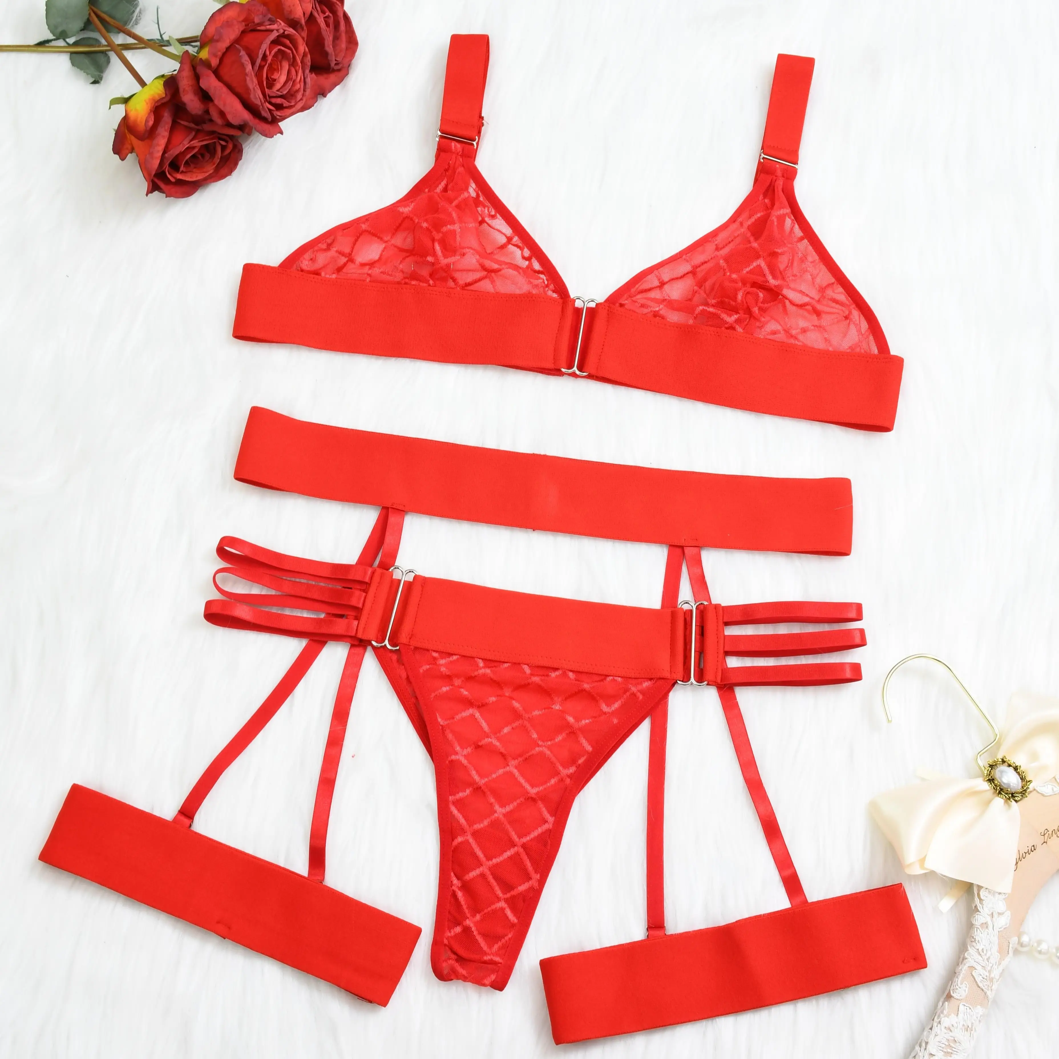 Sylvia Elegant Women's Red Lace Cami Set Soft Breathable Polyester Lingerie for New Year Valentine's Day Birthday Gifts Minimalist Design Vneck Comfor