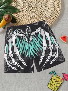 Boys' Skull Pattern Beach Shorts, Casual Printed Five-Quarter Pants, Summer Trendy Swimwear Outer Wear, Swimsuit Style, Loose Fit Drawstring Waist, Swimwear Clothes