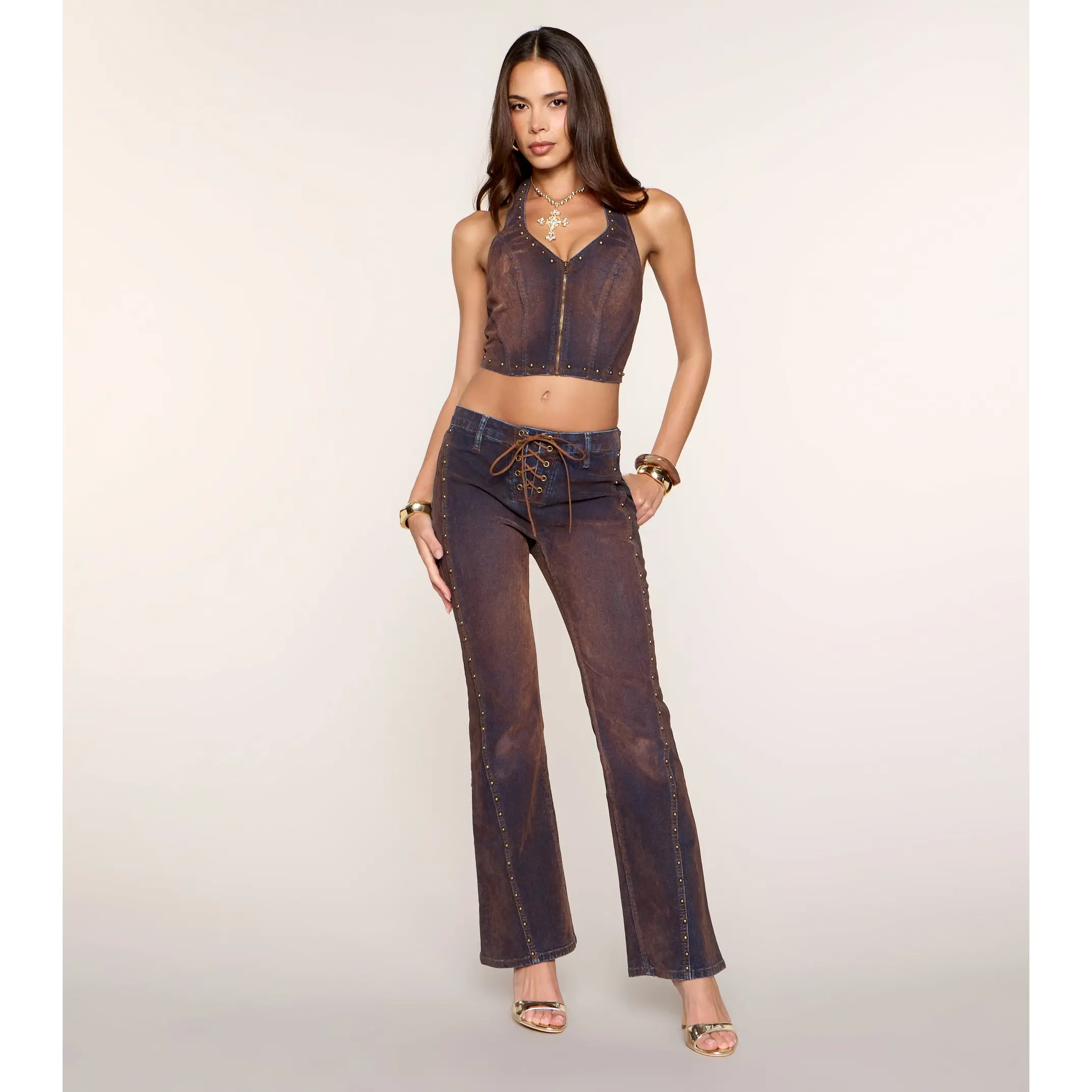 Edge Effect Studded Lace-Up Flare Jeans