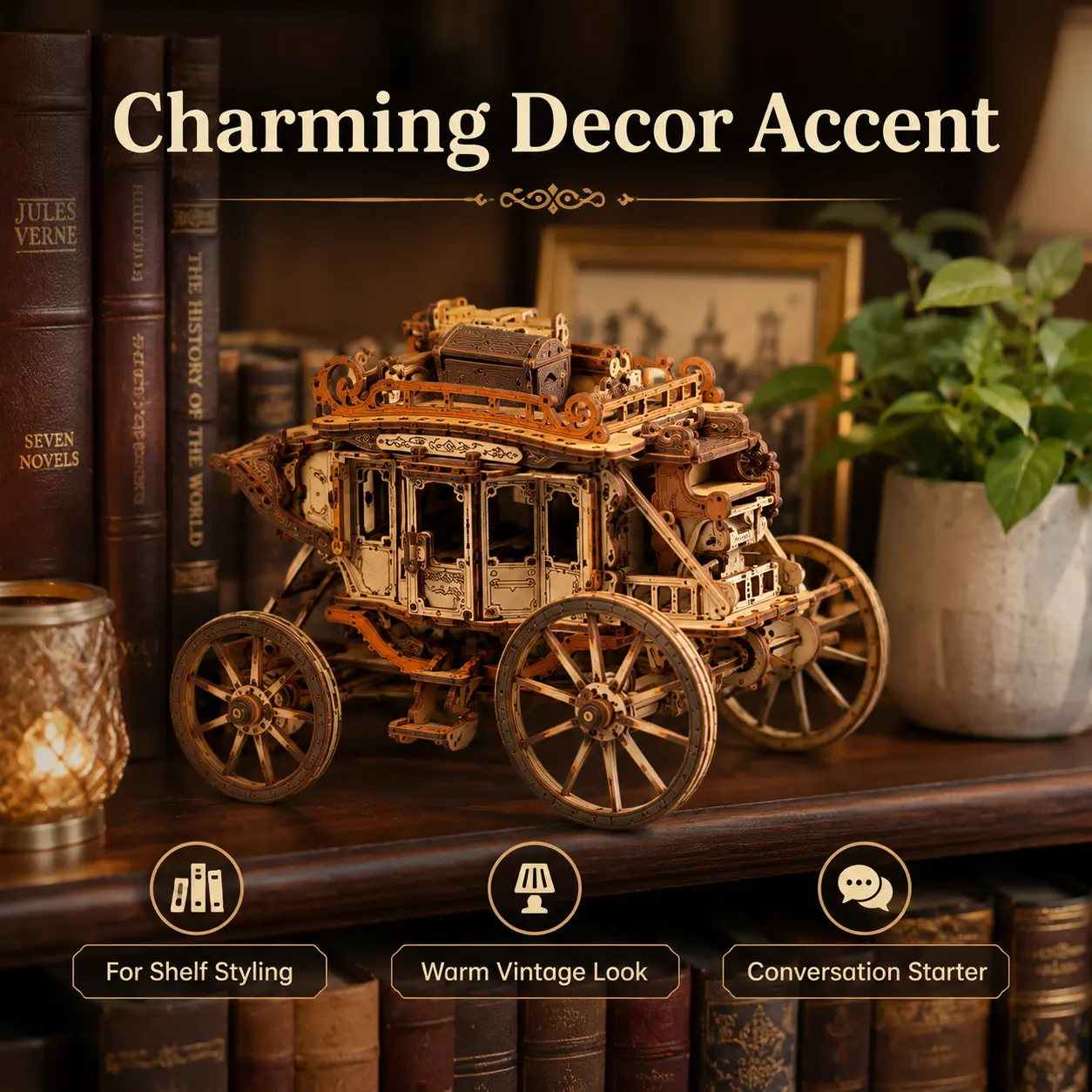 【ROBOTIME】Wooden Stagecoach Mechanical Music Box - 3D Buildable STEM Puzzle Kit, Hands-On Crafting Stress Relief Toy, Gift for Adults for Graduation, Valentine’s Day, Birthday