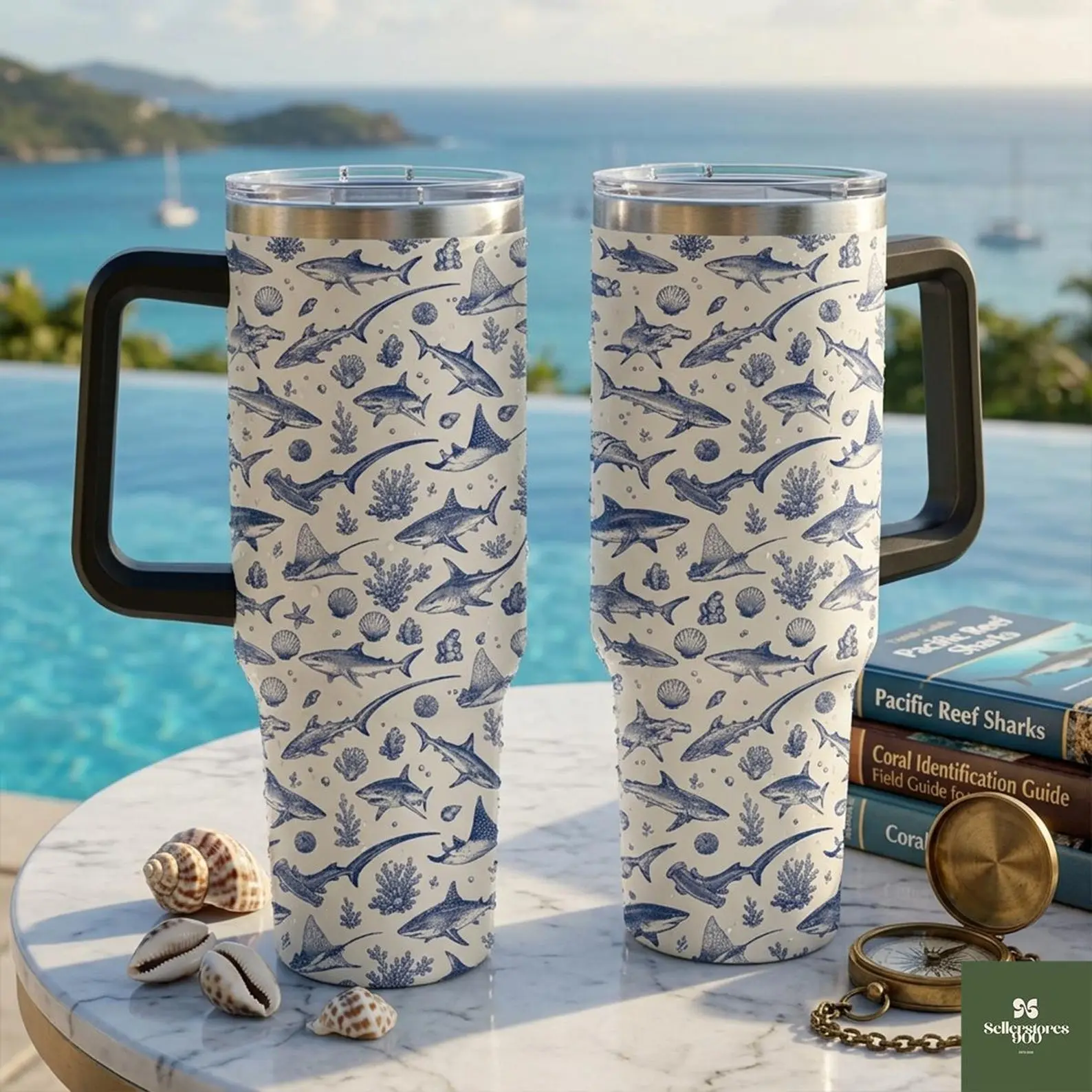 Ocean Life Sharks 40oz Tumbler, Great White Hammerhead Manta Ray Travel Mug, Nautical Stainless Cup, Marine Gift