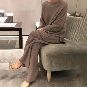 Women's 2 Piece Outfit Sweater Lounge Sets Long Sleeve Knit Pullover Wide Leg Pant Tracksuit Loungewear