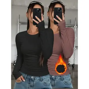 2-Pack Women’s Thermal Undershirts, Basic Solid Color Classic Crew Neck Long-Sleeve Casual Fitted Base Layers for Autumn & Winter – Ideal as Running/Hiking Activewear, Comfortable Base Layer T‑Shirts Suitable for Outdoor Activities