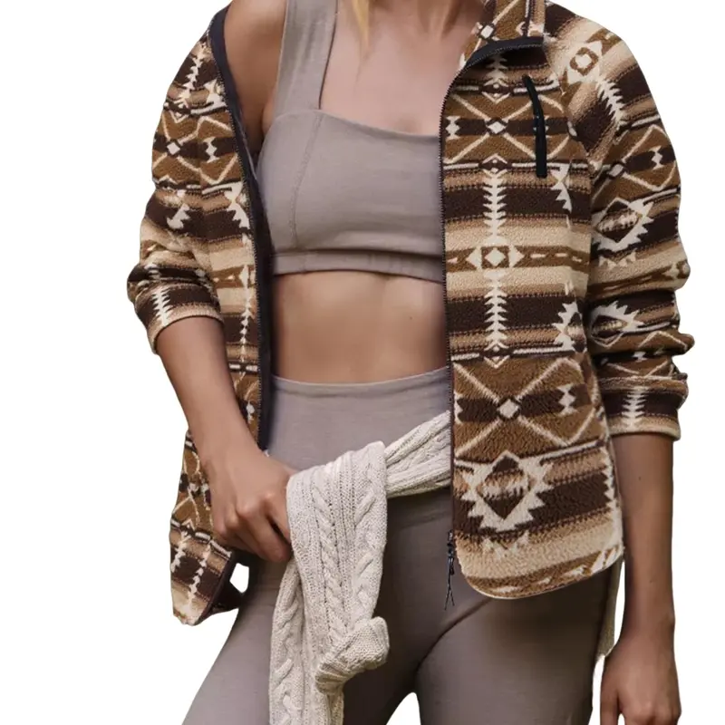 FISOEW Full Zip Up Fleece Western Aztec Print Long Sleeve Fall Winter Shacket Pockets Casual Womenswear poncho Chinos polyester outfit trench coat clothes women leather Outdoor Soft Basic Style puffer Chic Everyday fur coats for women leather jacket