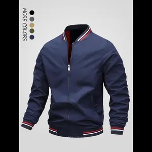Men's Regular Fit Striped Print Zip Up Bomber Jacket, Casual Comfy Long Sleeve?Stand?Collar?Pocket?Outerwear for Fall & Winter, Men's Clothes for Daily Wear