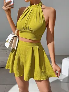 Women's Summer Sexy Vacation Solid Color Backless Halter Crop Top and Shorts Set, Fitted Comfortable Summer Outfit