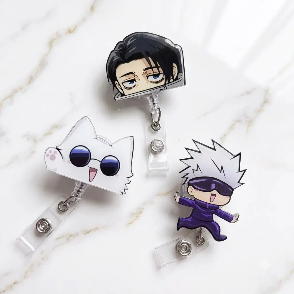Chibi Senpai Borderless Badge Reel, Cute Hand Drawn Parody Retractable ID Holder, Acrylic Nurse Teacher Anime Parody Name Tag Clip, Gift