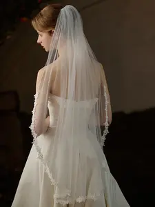 1pc Beige Lace & Sheer Bridal Veil (with Hair Comb) | Breathable & Flowing Wedding Accessory | An Essential for an Elegant Bridal Look