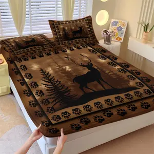 Forest Reindeer Print Fitted Sheet Set and 2 Coreless Pillowcases, Brown Wood Grain Base & Elk Pine Trees Silhouette, Soft Anti-Slip Wrinkle Resistant Mattress Protector, Vintage Bedroom Decor, Gift Idea