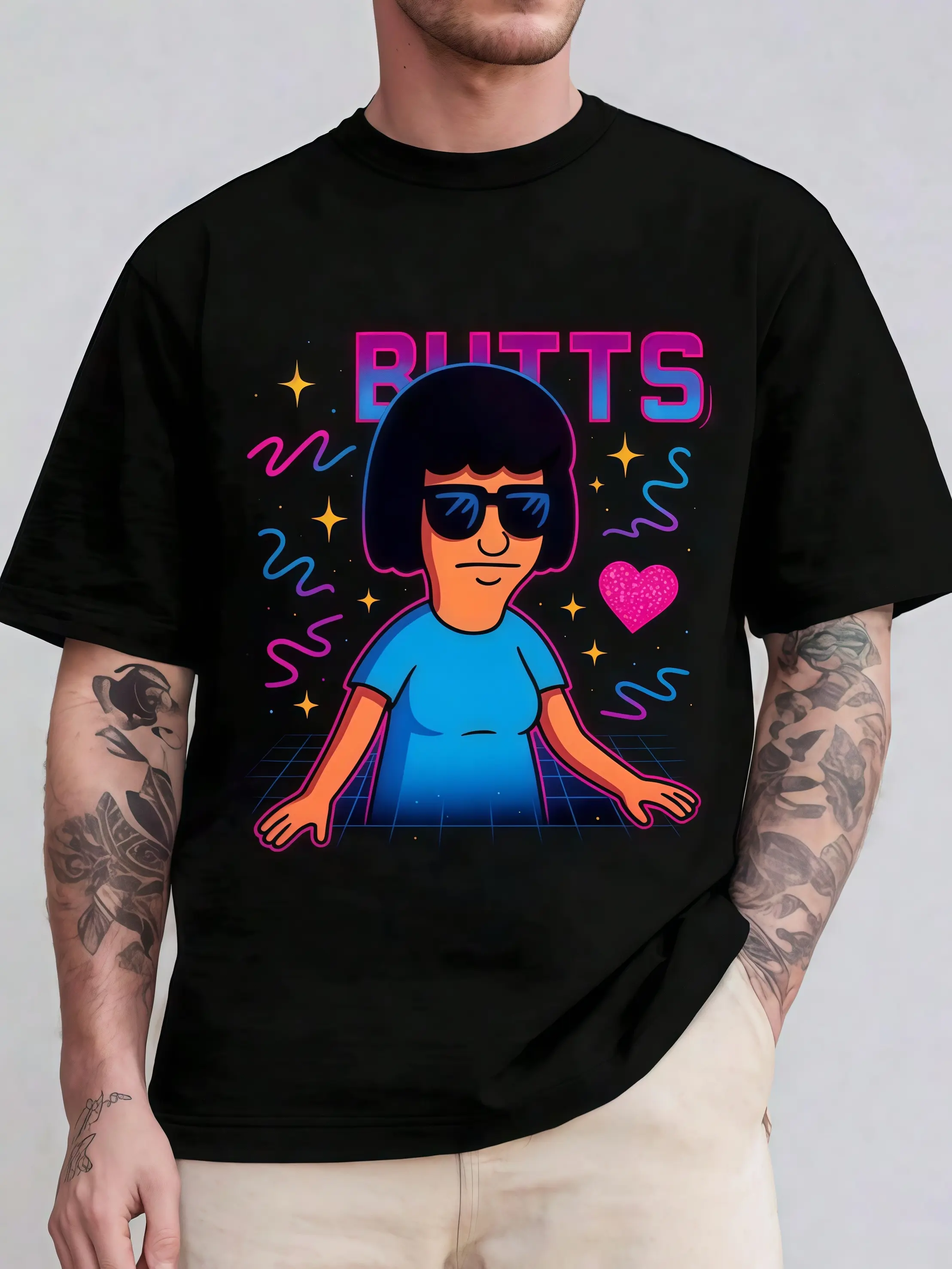 Unisex ultra cotton crewneck tee featuring retro 80s colourful Tina Belcher Bob's Burgers graphic. Funny novelty casual top, great gift choice for cartoon fans for him and her.