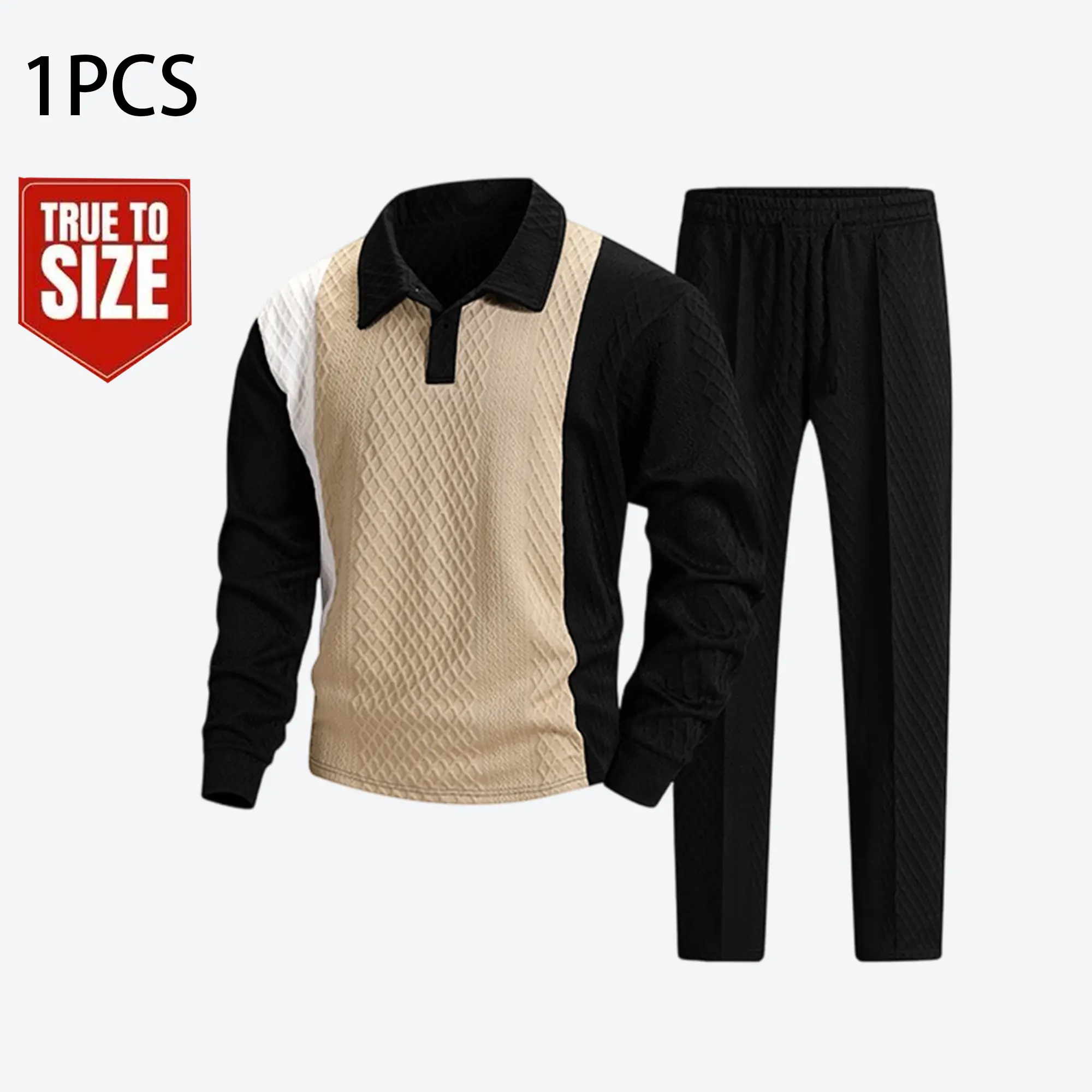 Men’s color-block diamond jacquard two-piece athletic set: a color-block spliced polo long-sleeve top with a turn-down collar paired with straight-leg pants featuring a drawstring waist. Soft, highly elastic fabric for a soft, casual business look; suitab