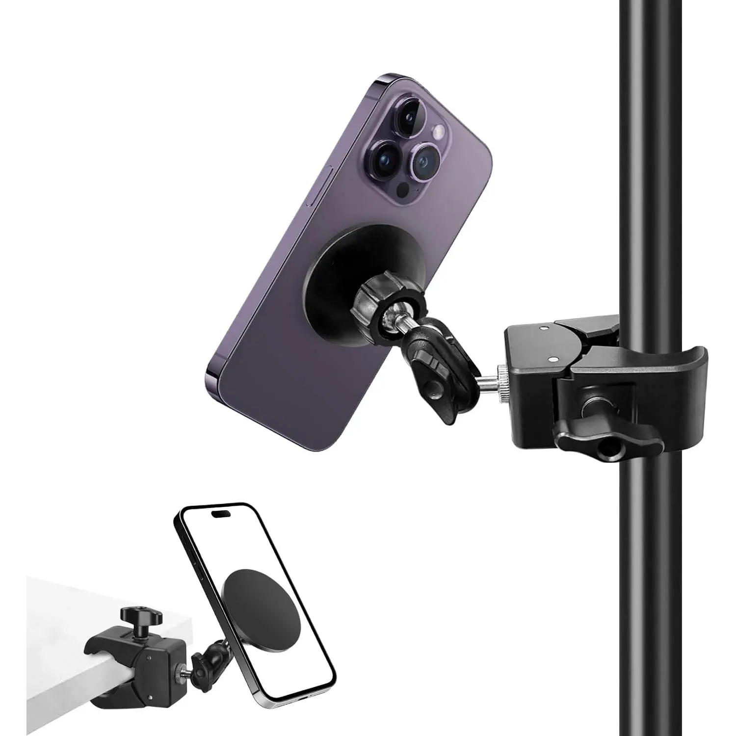 Mic Stand Phone Holder, for MagSafe Phone Holder with Clamp, Dual Ball  360? Swivel  Microphone Stand Phone Mount Clip for  16 15 14 MAX Pro  Galaxy and Any Smartphones