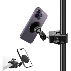 Mic Stand Phone Holder, for MagSafe Phone Holder with Clamp, Dual Ball  360? Swivel  Microphone Stand Phone Mount Clip for  16 15 14 MAX Pro  Galaxy and Any Smartphones