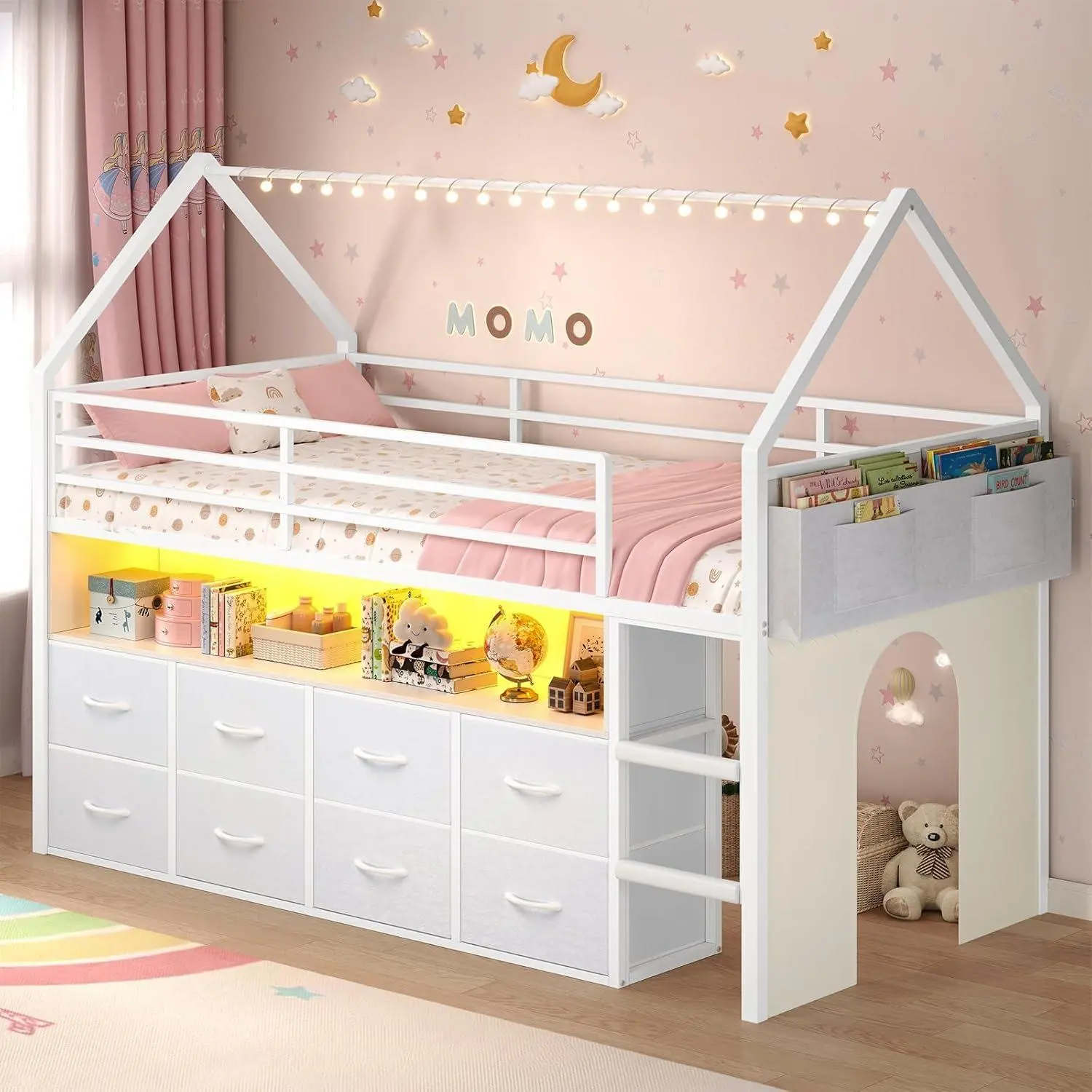 SIKAIC Twin House Loft Bed Frame for Kids - Metal Bedroom Furniture, 8 Drawers, Soft Foam Ladder, Bookcase, Fun Curtain, Secure Stable Unique Bed, No Box Spring Needed, Ideal for Kids’ Rooms