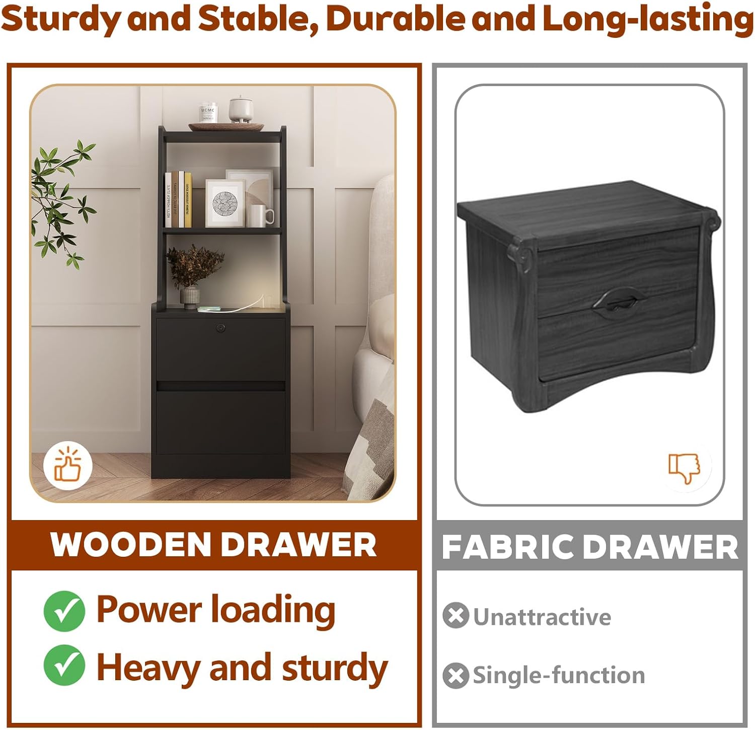 Modern Smart Nightstand with Night Light & Charging Station, Night Stand with Bookshelf, Lockable Bedside Cabinet Tables with 2 Storage Drawers for Bedroom Home Office (Black)