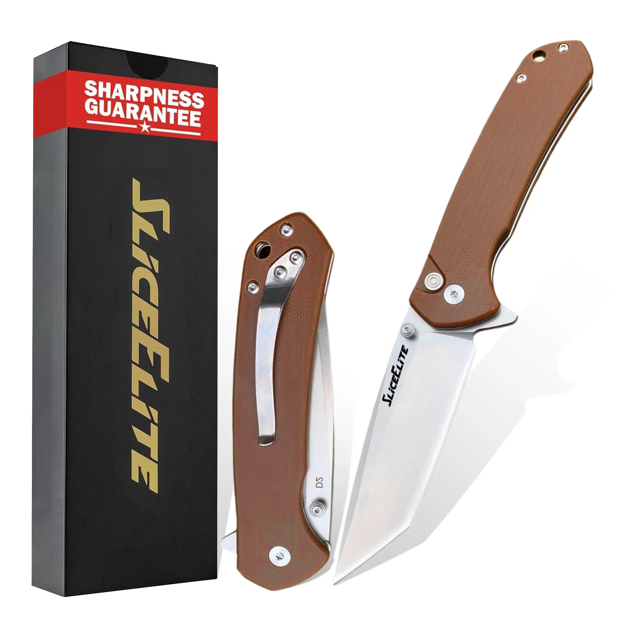 SliceElite Badlands EDC Folding Knife - 3.7 in D2 Alloy Steel Tanto Blade, Brown G10 Handle, Button Lock, Pocket-Clip Ready, Lightweight Daily Cut Tool for Adults, Camping Gear Gift