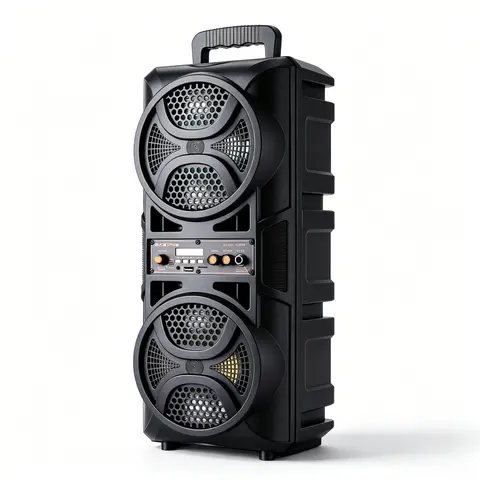 2 x 6.5inch Karaoke Speaker System - Portable Wireless BT Stereo Audio with 1800mAh Rechargeable Battery, Wired Microphone, Remote Control, Vertical LED Lights, FM Radio, 3.5mm Port, Plastic Build, 20khz Soundbox
