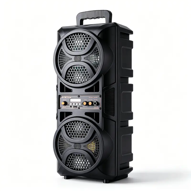 2 x 6.5inch Karaoke Speaker System - Portable Wireless BT Stereo Audio with 1800mAh Rechargeable Battery, Wired Microphone, Remote Control, Vertical LED Lights, FM Radio, 3.5mm Port, Plastic Build, 20khz Soundbox
