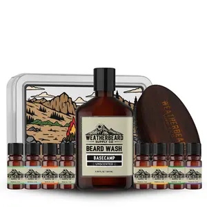 Weatherbeard Beard Care Starter Kit for Men - Unscented Beard Wash, 8 Beard Oil Samples & Boar Bristle Beard Brush