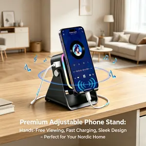Wireless Induction Audio Speaker Stand,5in1 Cellphone Holder,360° Adjustable Mobile Tablet Stand with Colorful Ambient Light Gifts for Men Women