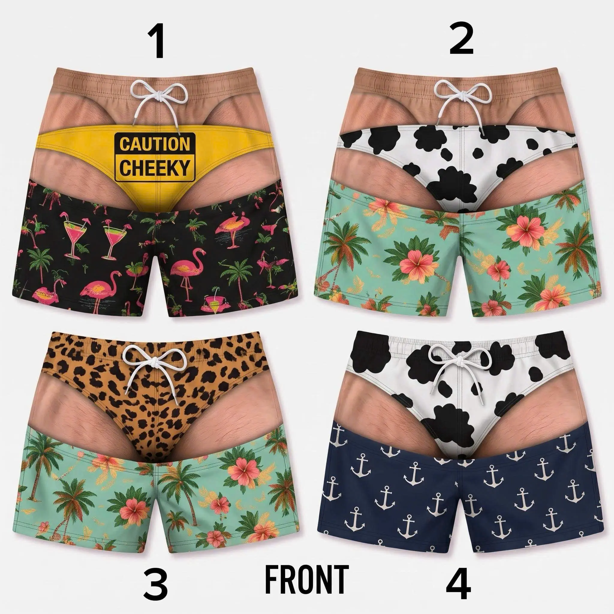Personalized 3D Men’s Swim Trunks, Custom Funny Beach Shorts, Cheeky Pattern Swimwear, Tropical Vacation Gift for Him, Bachelor Party Gag