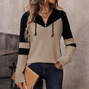 Parchment Textured Colorblock Long Sleeve Quarter Zip Drawstring Hooded Top Casual Adjustable