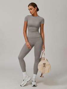 women's solid color top & high waist leggings sports set, casual comfy breathable two-piece for yoga gym workout running, ladies sportswear for all seasons, workout sets women, sweatsuits women, elegant gym outfits, pilates outfits, leggings tracksuit set