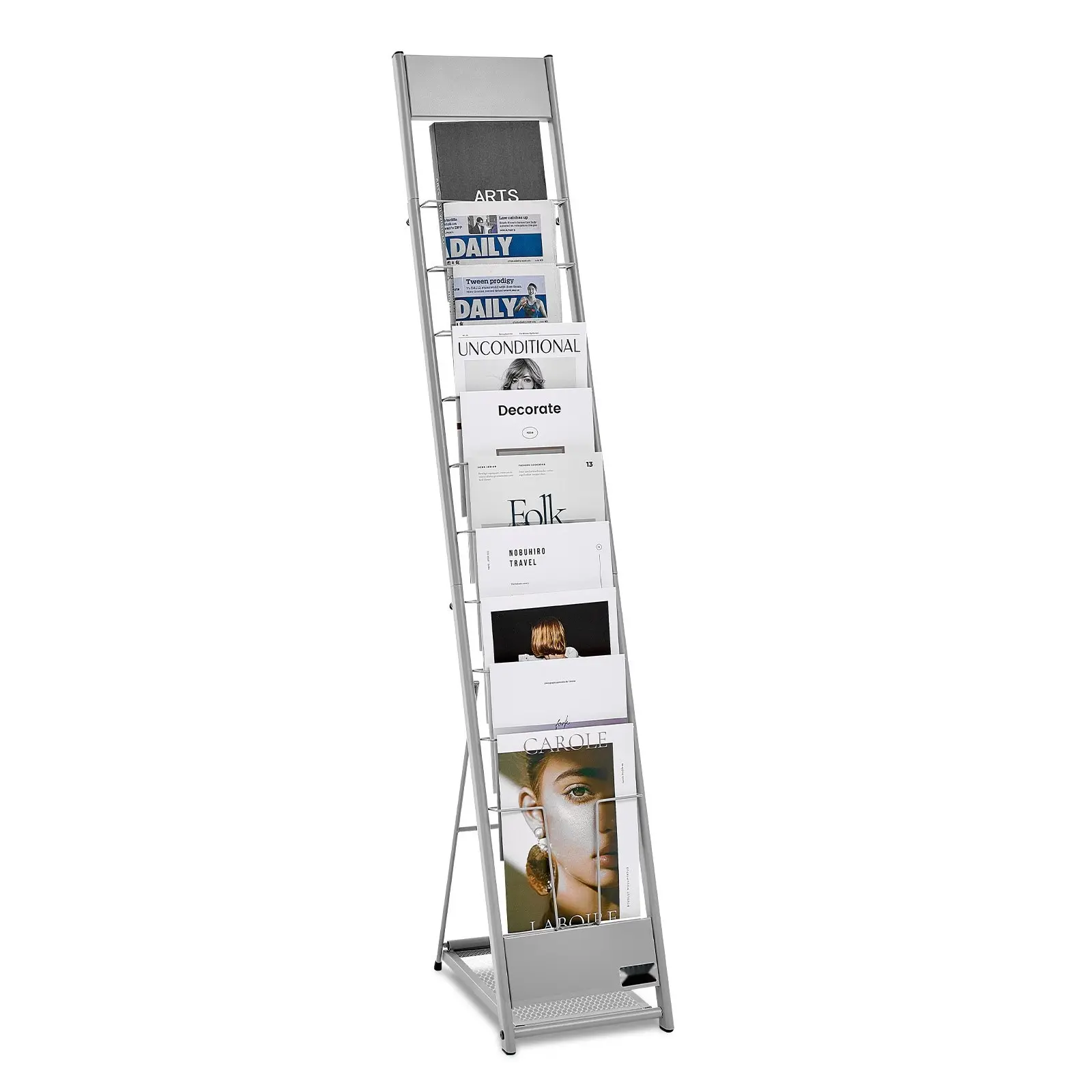 Brochure Display Rack With 10-Pocket Magazine Literature Display Stand, Portable Floor Standing Magazine Rack, Metal Newspaper Catalog Holder For Shops, Exhibitions, Office, Trade Shows, Reception Areas, Silver Finish