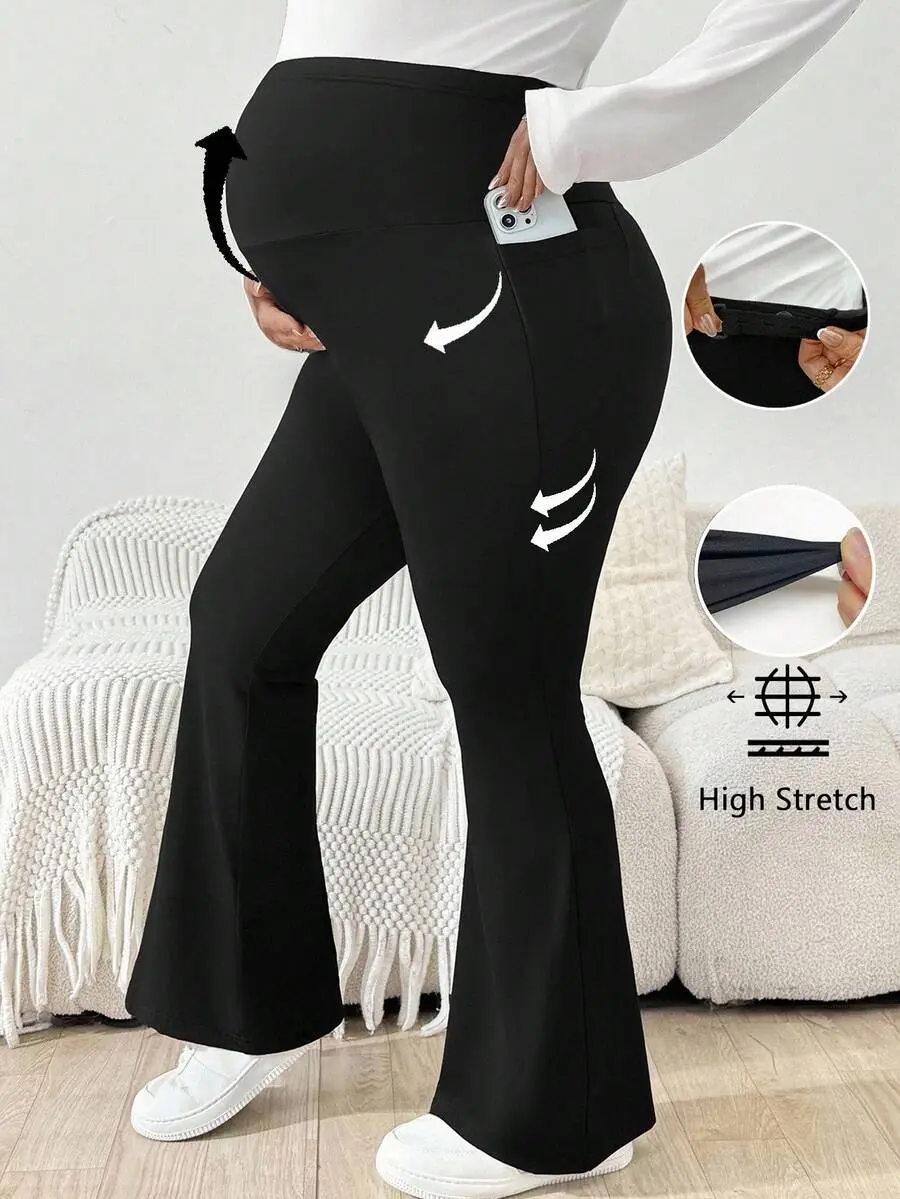 [FREE SHIPPING] Summer Clothes, Clothes,Maternity / Plus Size Casual Solid Color Flare Pants Pregnancy Bell Bottoms Bottom Maternity Photoshoot Black