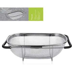 Tiawudi 6-Quart Large Over The Sink Colander, Heavy Duty 40% Thicker 18/8 Stainless Steel Fine Mesh Strainer Basket with Expandable Rubber Grip Handles - Strain, Drain, Rinse Fruits, Vegetables