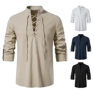 2025 Men's New Cotton Linen Henley Shirt Long Sleeve Hippie Casual Beach Stand Collar Shirt European Size Suit Office