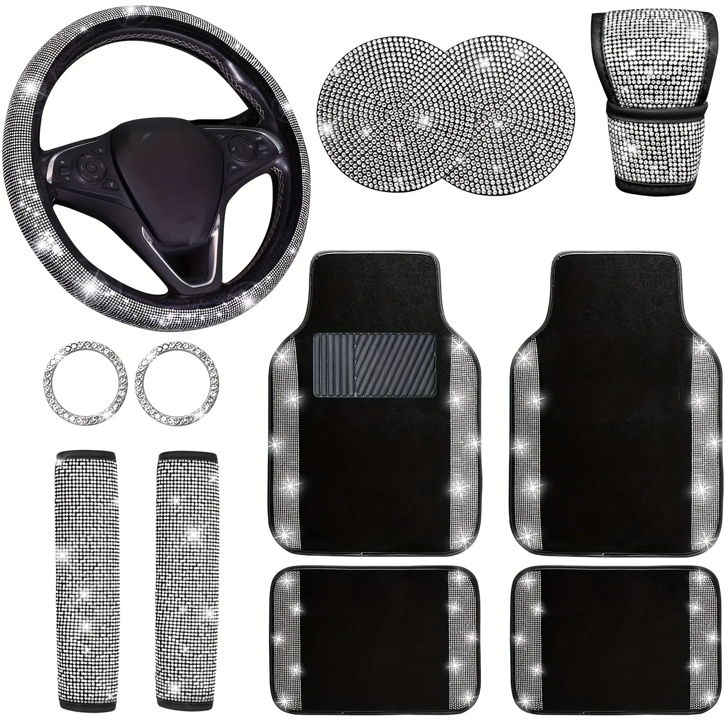 NBTEPEM 12 Pcs Bling Car Accessories Set for Women Car Floor Mats Full Set Steering Wheel Cover Seat Belt Covers Coasters Universal Fit Car SUV Truck Van