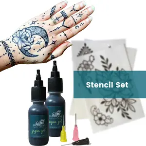 Jagua Gel Stencil Set Ready to Use in Bottles, Ultra Dark Fresh Plant Based Cosmetic Makeup temporary tattoo henna cone kit