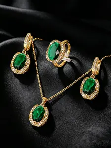 4Pcs Luxury Simulated Emerald Jewelry Set, Heavy Inlaid Colored Gem Necklace, Earrings and Adjustable Ring for Women. Multiple Colors Available, Classic Luxury Style with Durable Plating, Perfect for Party and All Occasions.