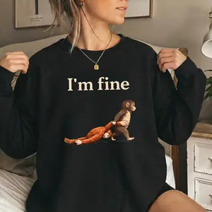 I'm Fine Punch Monkey Graphic Sweatshirt Womens Funny Exhausted Animal Pullover Casual Long Sleeve Crewneck Top Sarcastic Humor Relatable Everyday Loungewear