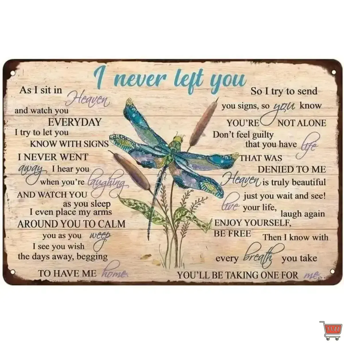 Vintage Dragonfly "I Never Left You" Metal Tin Memorial Wall Sign - 8x12in Rustic Heaven-Themed Sympathy Gift, Home Decor Plaque