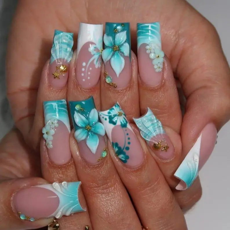 milo.nail&care Tropical Tide Blossom Press-On Nails, Aqua Ombre French Tips, 3D Floral Petal Art, Glossy Coastal Beach Vacation Style, Handmade Summer Resort Nail Set, Ocean Escape Vibes