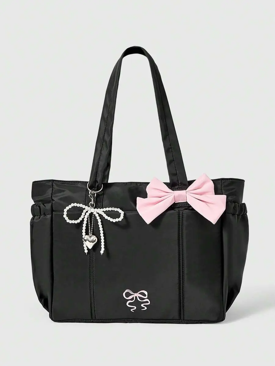 LUNA LAYER Kawaii Pink Bow Tote Bag Preppy School Shoulder Bag Double Handle