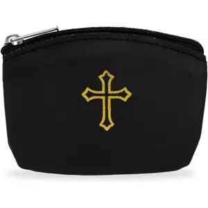 Black Rosary Pouch with Zipper and  Cross Imprint -  for Easter, Lent, and Religious Events - Stylish Rosary Case for Men and Women to Keep Beads Safe