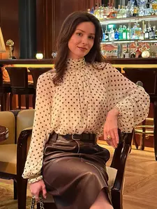 Polka Dot High Neck Woman Blouses Semi-Sheer With Lace-Up Long Sleeve Tops Female Transparent Shirts & Blouses Summer Stylish Elegant Chic Female Blouse Casual Women's Shirt