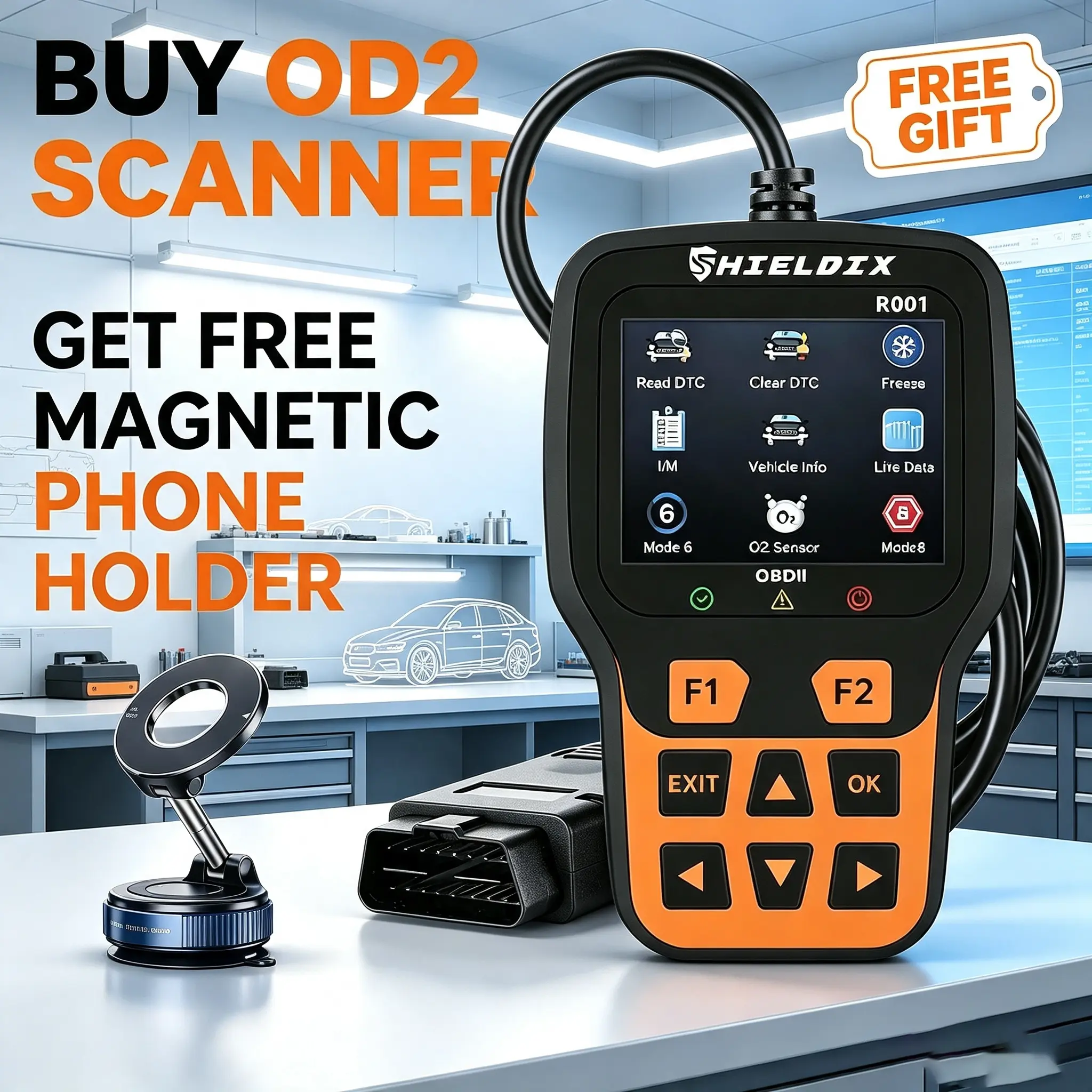 SHIELDIX R001 Automotive Handheld Compact Professional OBD2 Scanner with Car Mount - Check Engine Light Code Reader, Real-Time Data, Battery Voltage Test, I/M Readiness, DIY Tool for Most Cars Since 1996