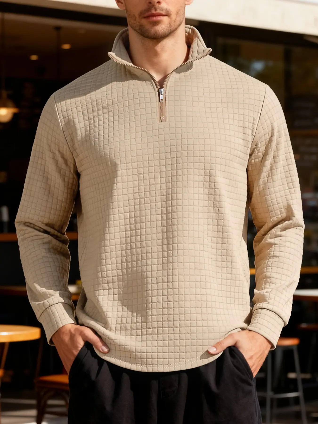 New men's solid color Plain waffle long sleeve knitted pullover hoodie, Thermal, half zipper stand collar design, autumn and winter wear, warm comfortable fabric, suitable for home and outdoor sports, fashion, simple casual men's clothing Tops
