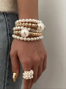 Exaggerated Pearl Stacking Bracelet, Elegant Large Round Beads, Micro-Encrusted Diamond Accents, Fashion Jewelry for Women, Pearl Beaded Bracelet