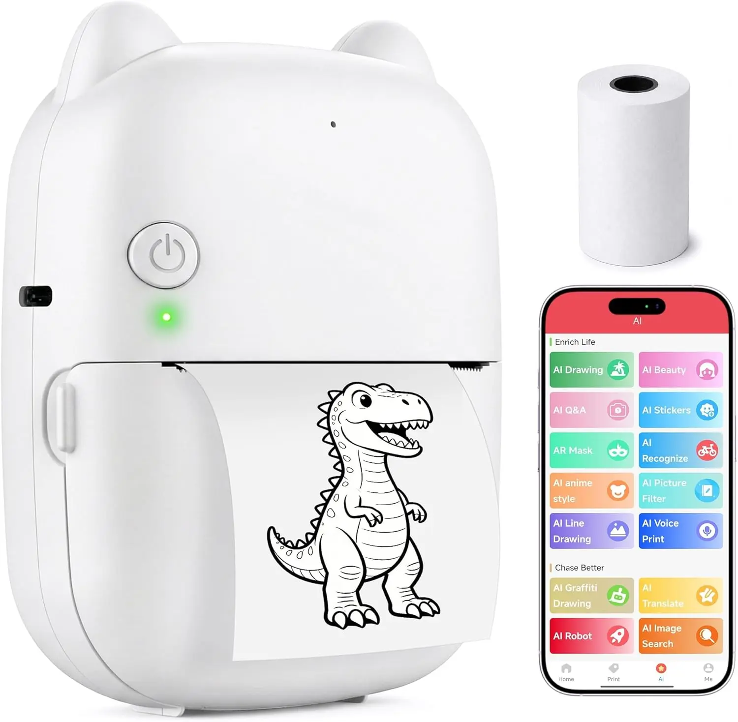 Smart AI Voice Printer with App, Mini Inkless Portable Printer with 1 Roll Paper AI Creative Printing for Kids’ Gifts, DIY Crafts, Study Notes, Pictures & Lists, Ideal for Home, School & Office Organization/ Only supports 2.4GHz WiFi (NOT 5GHz)